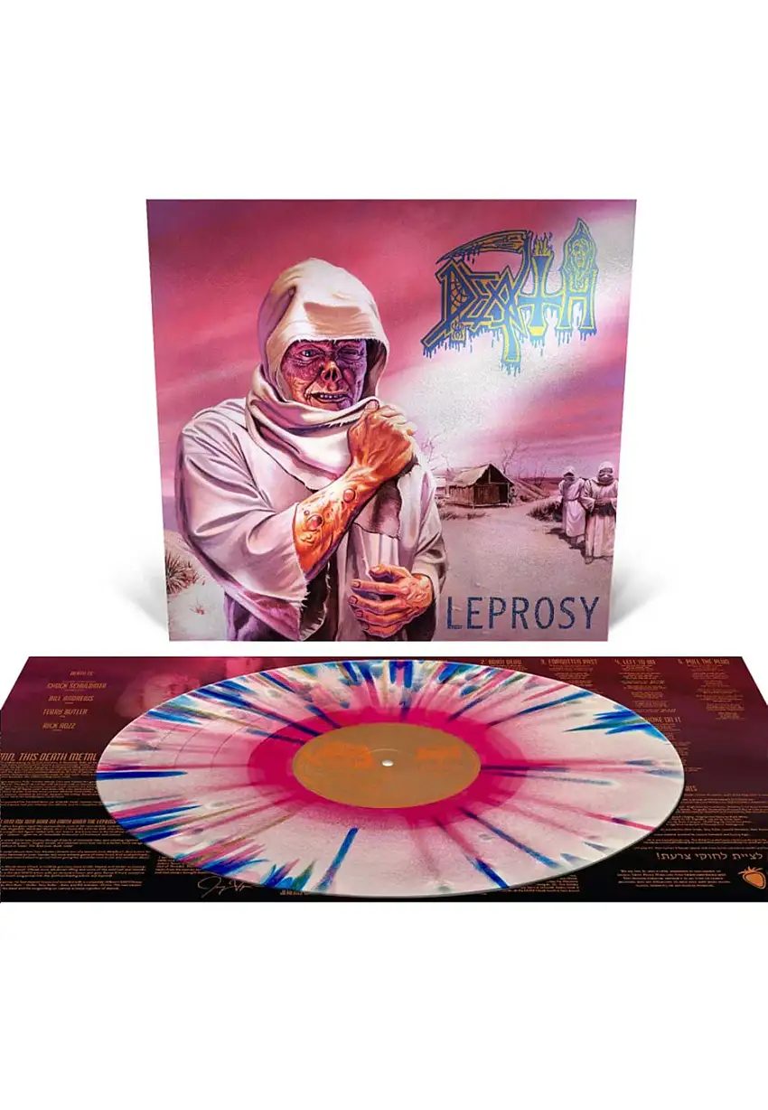 Death - Leprosy Hot Pink/Bone White/Blue Jay Tri Color w/ Metallic Gold/Blue Jay/Hot Pink - Splattered Vinyl