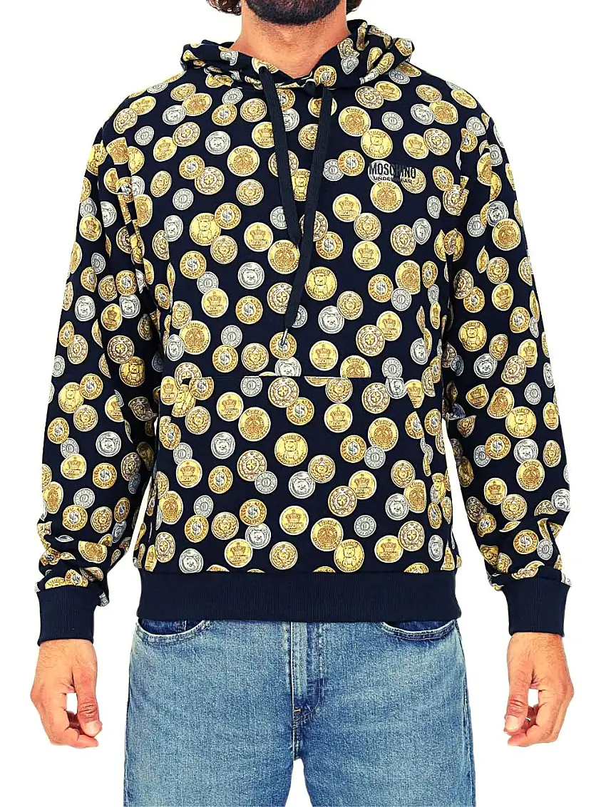 Moschino Underbear Felpa con Cappuccio Collezione Monete Cotone Nero