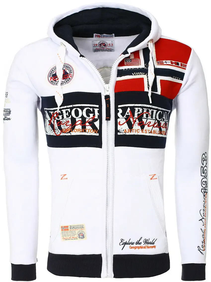 Geographical Norway Felpa Flyer Full Zip con Cappuccio Sport Bianco Uomo
