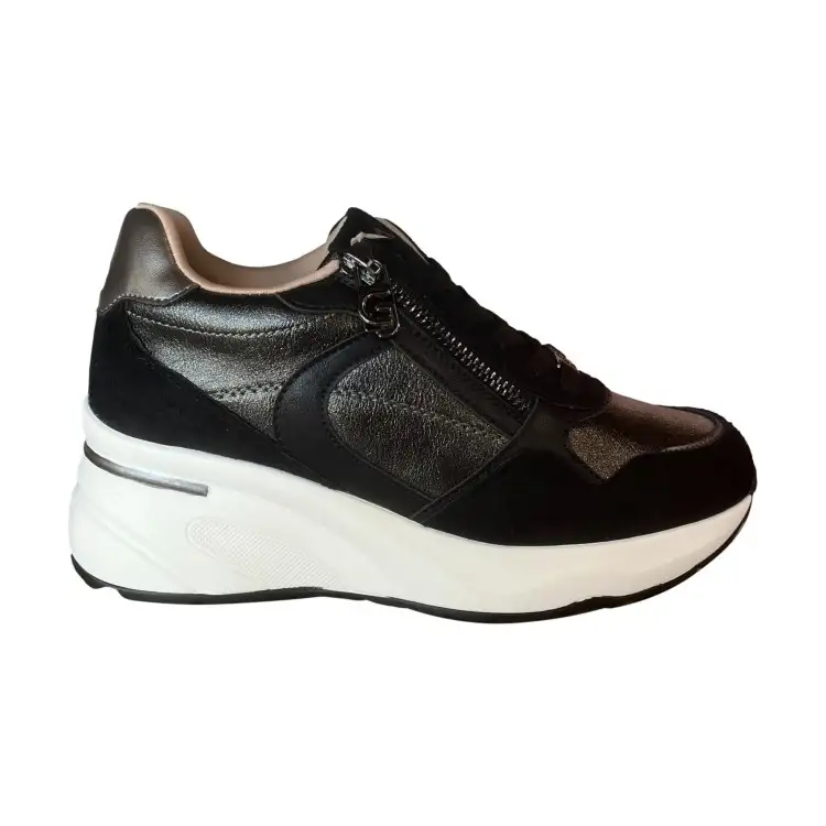 Gold&Gold GB1015 Sneakers Donna Stringate Con Zip Laterale e Zeppa Nero