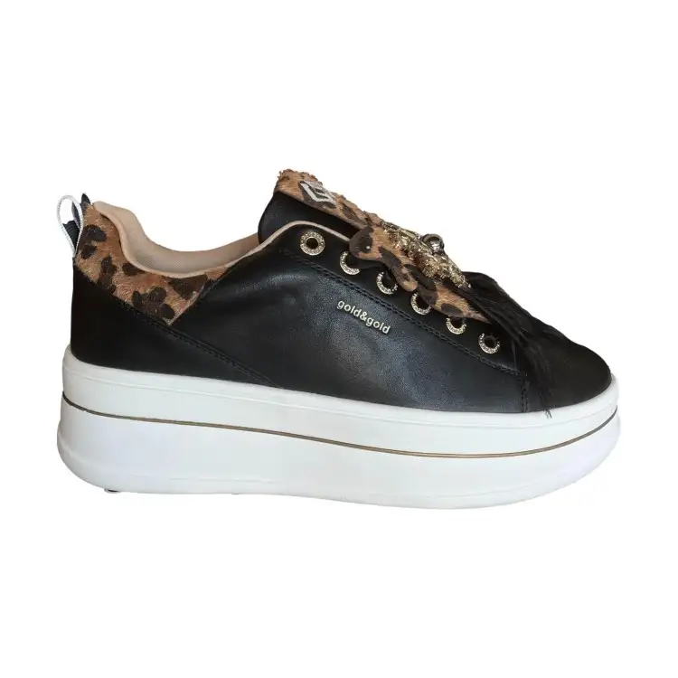 Gold & Gold GB987 Sneakers Donna Stringate Con Accessorio Platform Nero Leopard