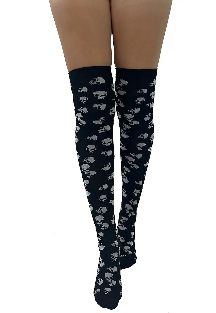 Pamela Mann - All Over Skulls Over The Knee Black/White - Calzini