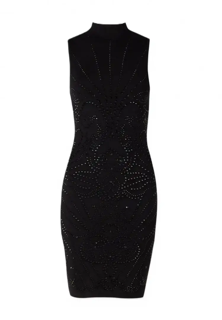 RHINESTONE BODYCON MINI SWEATER DRESS Nero