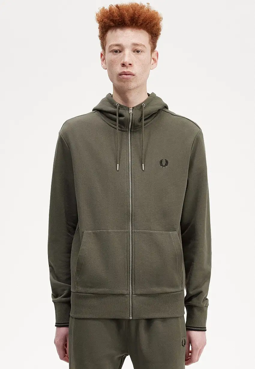 Fred Perry - Hooded Zip Through Field Green - Felpa con zip