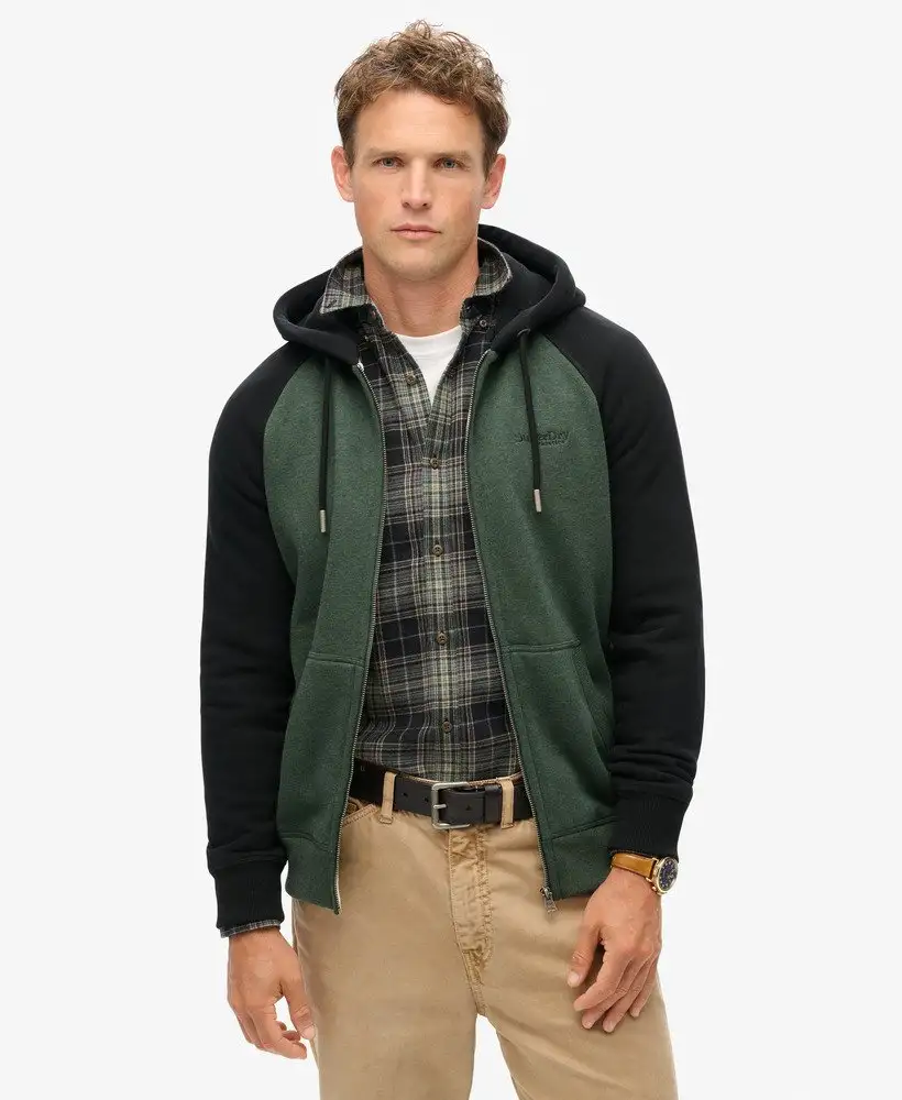 Superdry Felpa full Zip Baseball Essential misto Cotone Verde Nero Uomo