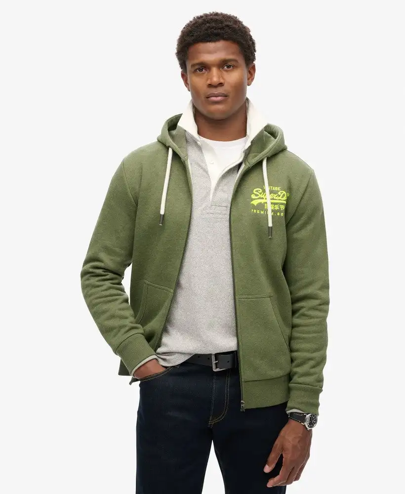 Superdry Felpa full Zip Uomo Neon VL Graphic Hoodie in misto Cotone Verde Oliva